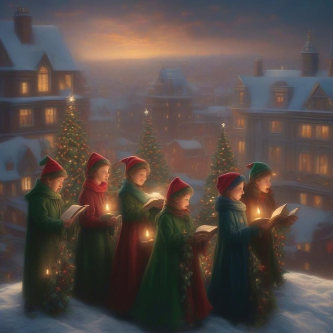 A festive scene of carolers singing in front of a Christmas tree, capturing the joy and spirit of the holiday season.