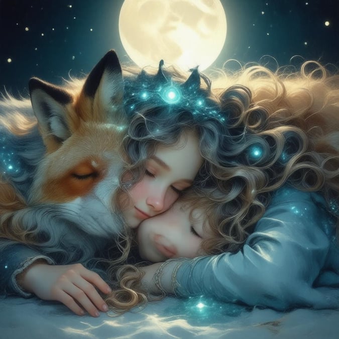 This wallpaper features a serene scene of a young girl sleeping peacefully, surrounded by the mystical aura of a fox spirit. The blue and green hues create a calming atmosphere, with the moon as the central focus.