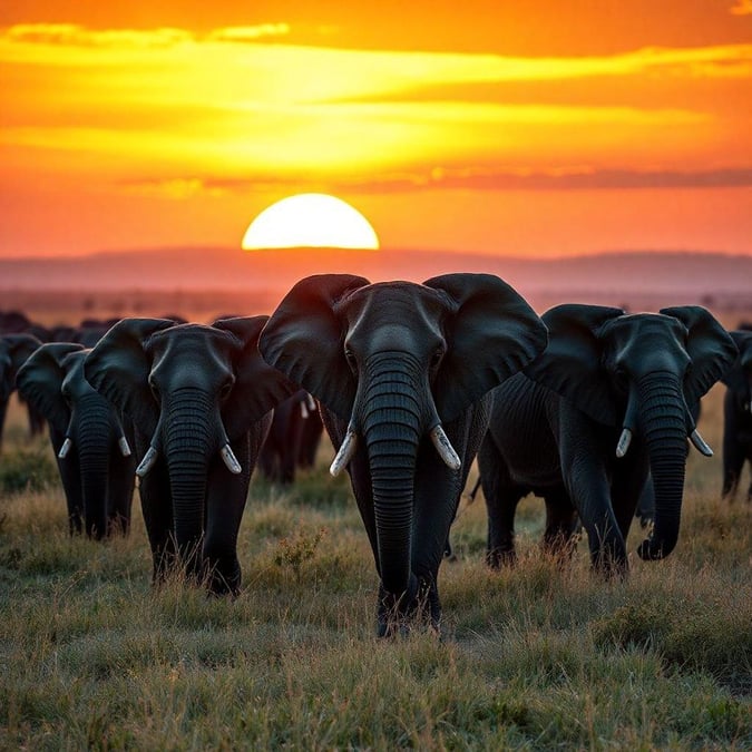 A herd of elephants crossing the plain at dusk, with the sun setting behind them.