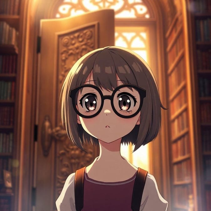 Immerse yourself in the enchanting world of anime with this captivating library wallpaper. The shy young girl, partially hidden by bespectacled glasses, invites you to explore the intricate wooden door and large window, revealing an interior space filled with old bookshelves. This serene scene is perfect for desktop and mobile use, offering a unique blend of mystery and tranquility.