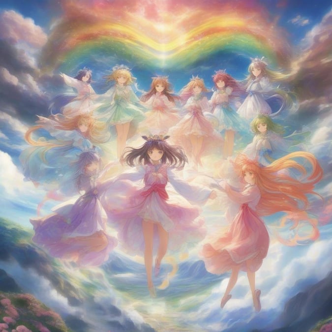 This wallpaper features a group of magical girls in a cloudy kingdom, surrounded by unicorns and vibrant colors.