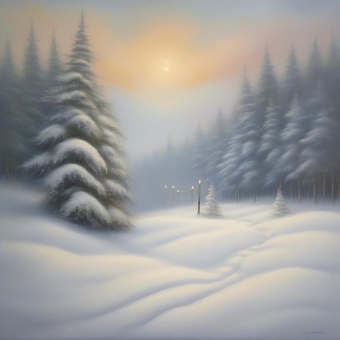 A serene winter scene with snow-covered trees, leading towards a path illuminated by candlelight.