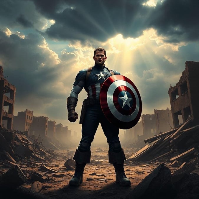 Captain America, the legendary superhero, stands amidst a post-apocalyptic landscape, ready to defend against any threats.