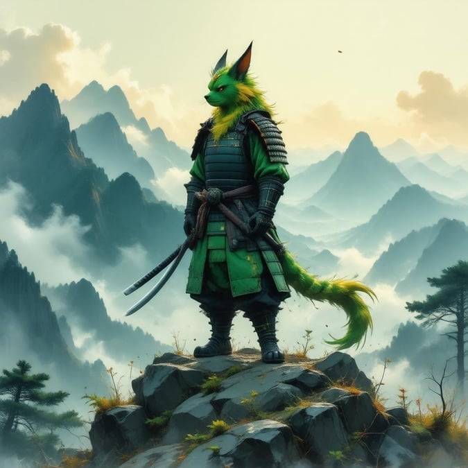 This stunning anime-style wallpaper features a majestic fox samurai standing on a mountain peak, surrounded by a serene and misty landscape. The vibrant green and yellow fur of the fox adds a pop of color to the otherwise muted tones of the scene, creating a visually striking contrast.