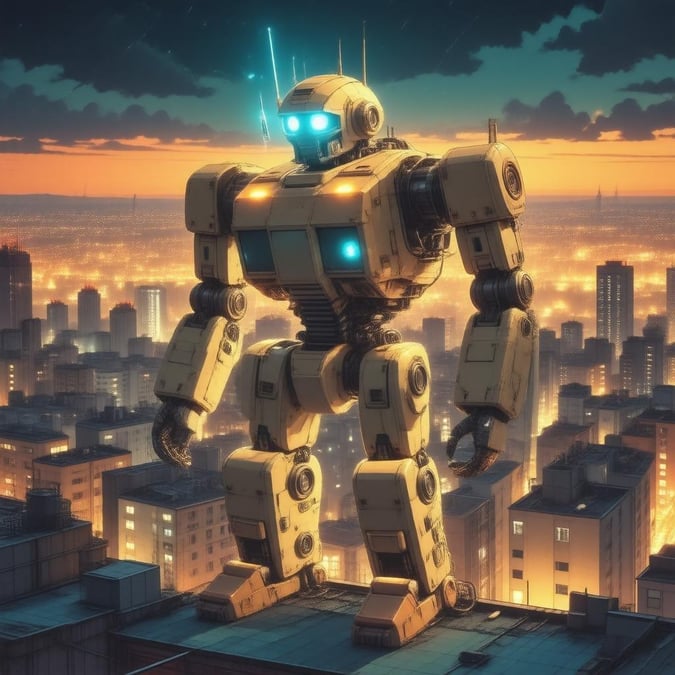 A stunning anime cityscape at dusk, featuring a giant robot with glowing blue eyes, set against a backdrop of warm orange and yellow hues.