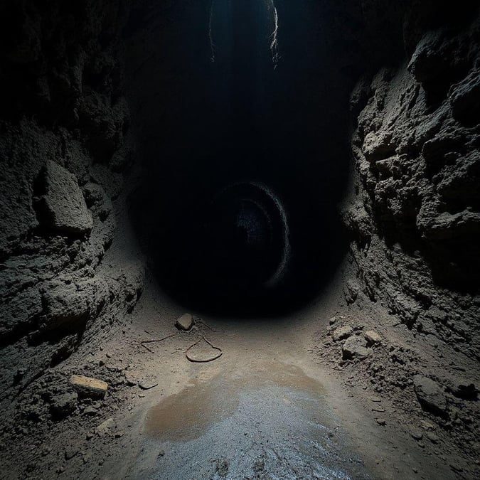 A desolate, dark tunnel leading into the unknown. The path to discovery or danger lies ahead.