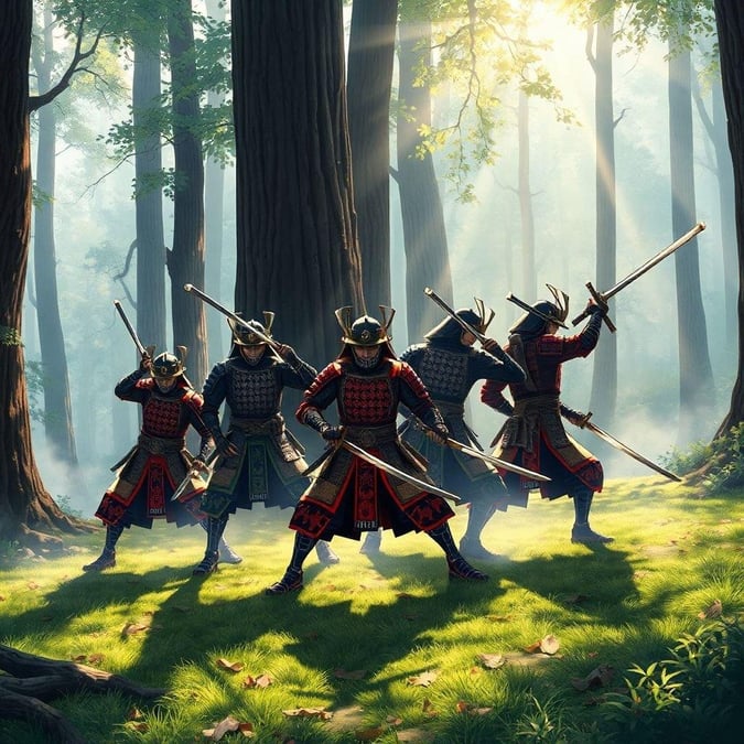 This anime illustration captures a group of samurai training in a forest, their shadows elongating and layered in a dynamic pose. The focus is on the group of samurai, with their vibrant colors and intricate patterns capturing a sense of movement and energy.