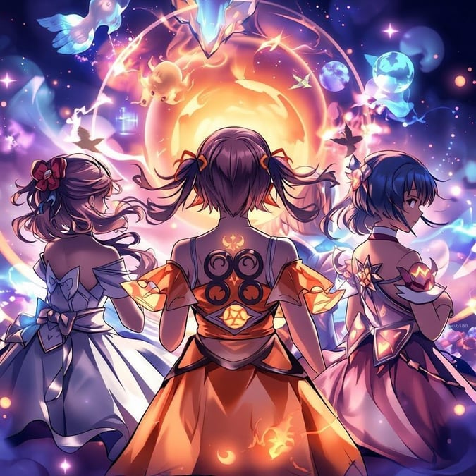 This captivating anime wallpaper showcases a group of magical girls standing back to back, their backs turned to the camera. The vibrant scene, with its warm glow, is a canvas of magic, capturing a magical moment.