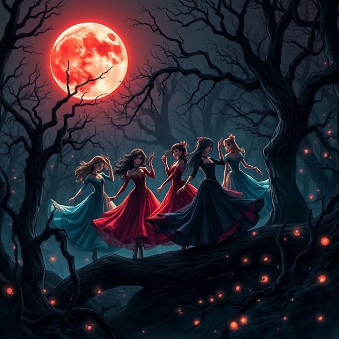 Une illustration captivante de style anime d'un groupe de vampires dansant sous une lune rouge, leurs costumes vibrants contrastant avec la forêt sombre. Au premier plan se trouve une forêt sombre et mystérieuse avec des arbres tordus et une lumière brillante, créant une atmosphère éthérée.