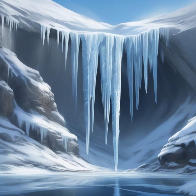 Experience the tranquility of a frozen landscape with this stunning wallpaper featuring icicles, snow-covered mountains, and a peaceful body of water.