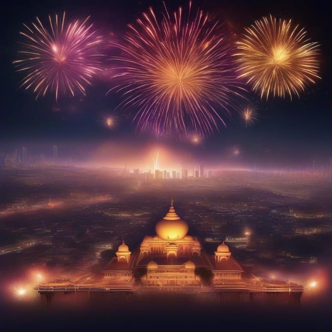 A festive city scene during Diwali, featuring the iconic Taj Mahal lit up at night under a starlit sky with colorful fireworks in the background.