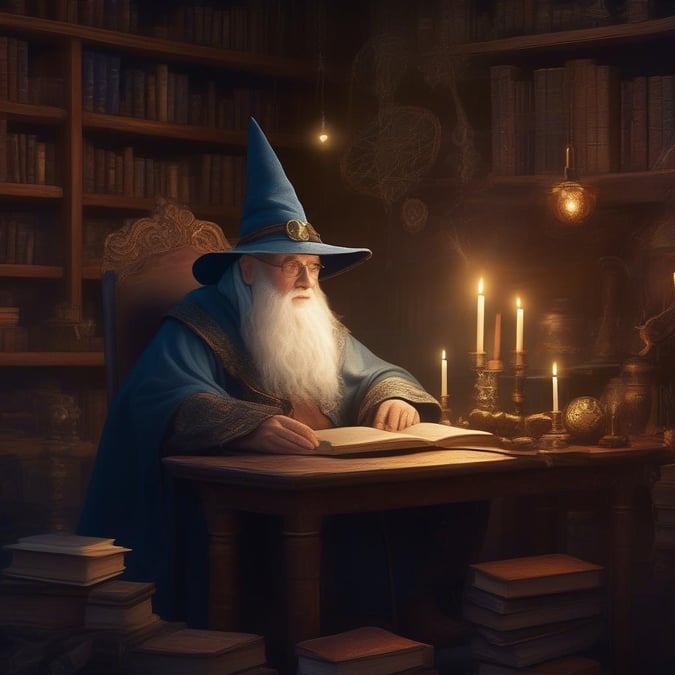 An older wizard, with long white beard and robes, sits by candlelight reading a spell book among stacked tomes in a grand library setting.