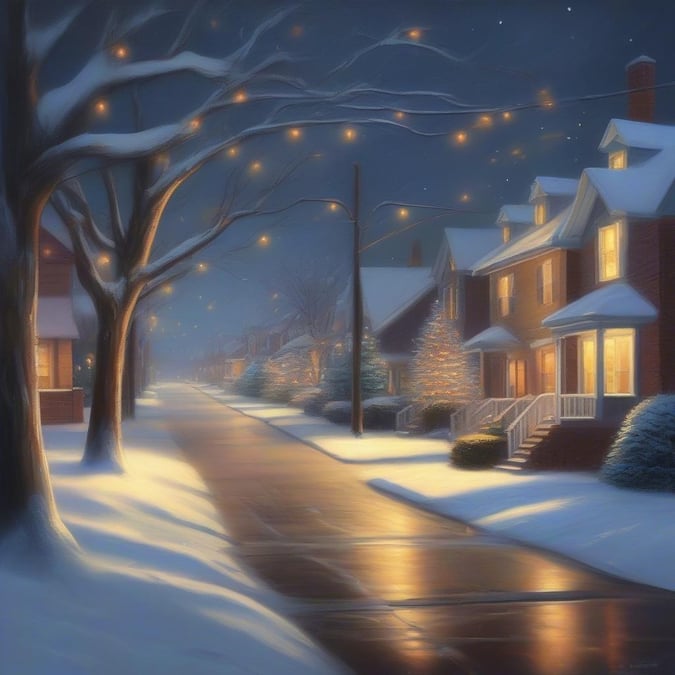 This image captures the serene beauty of a snowy neighborhood at night, with a focus on the festive atmosphere of Christmas.