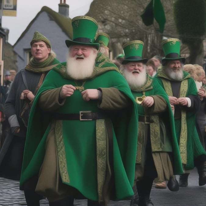 A lively St. Patrick's Day parade with leprechauns in traditional green attire, including hats and cloaks, marching down a street.