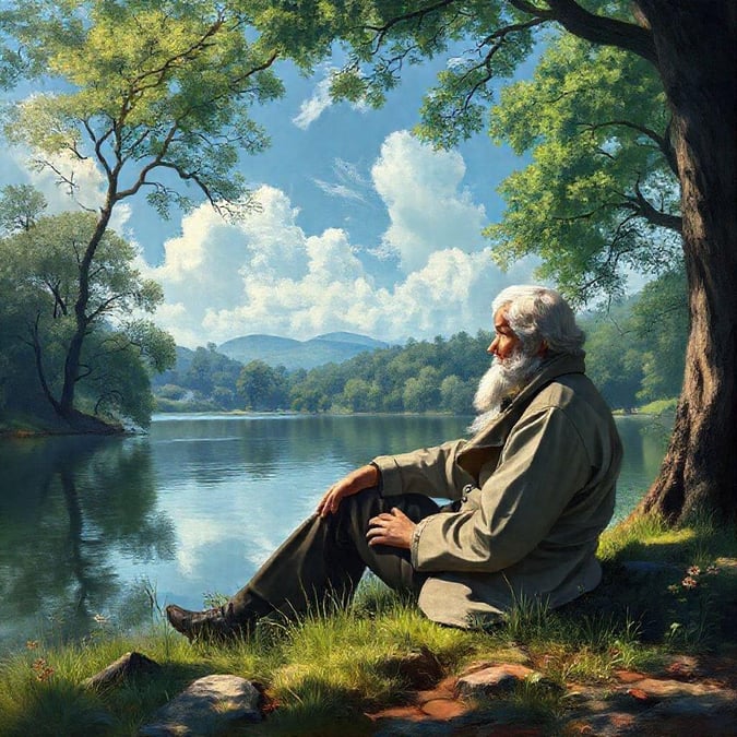 A serene moment with the iconic figure, surrounded by the soothing sounds of nature and the breathtaking view of the lake.