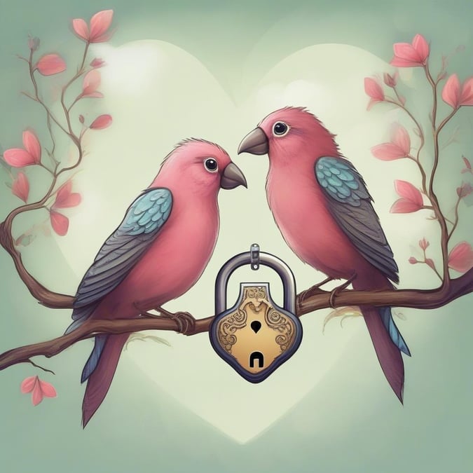 A pair of lovebirds share a tender moment amidst blossoming cherry trees, celebrating the spirit of Valentine's Day with a lock of affection.