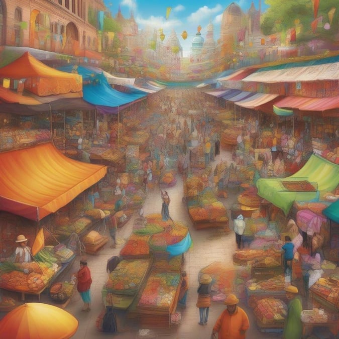 A bustling market scene with an array of colorful stalls selling fresh produce, vivid clothing, and exotic spices.