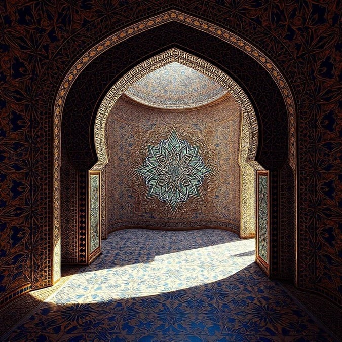 Experience the grandeur of this ornately designed mosque archway, radiating with intricate tiles and calligraphy that are characteristic of this sacred space. Immerse yourself in the tranquil ambiance as you imagine the reverberation of serene prayers echoing within these ancient walls.