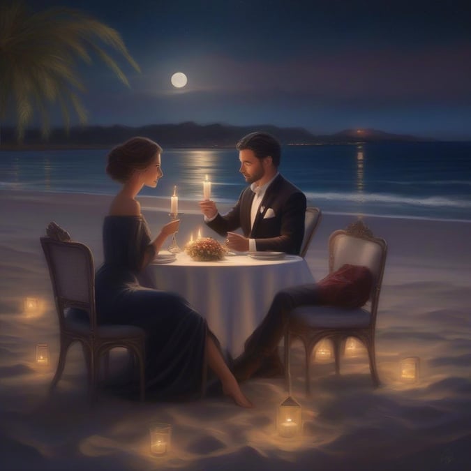 A couple enjoying a candlelit dinner on the beach at sunset.