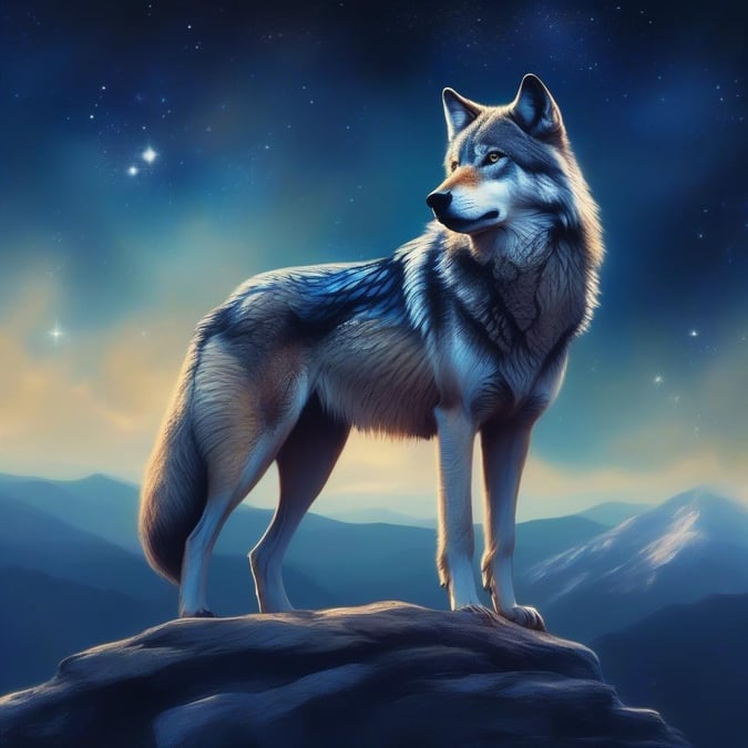 A powerful wolf stands tall on the edge of a rocky cliff, gazing into the distance with an air of nobility and strength.