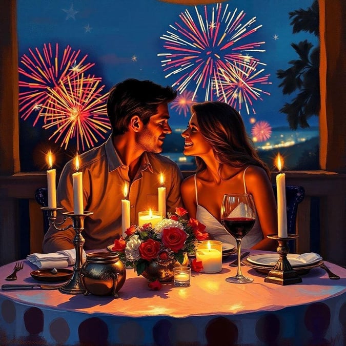 A couple shares a romantic night during the Fourth of July celebration, watching fireworks light up the sky.