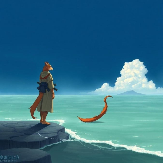 This anime-style wallpaper features a lone samurai standing at the edge of a sea, facing towards the left. The sea is misty and has a slight greenish tint to it, with a small island in the distance on the right. The samurai is a light brown color with a dark brown tail, and its tail is a light brown color. Its tail is curved to the left, and it has a long tail that curves to the right. The background is a deep blue, with a large white cloud behind it.