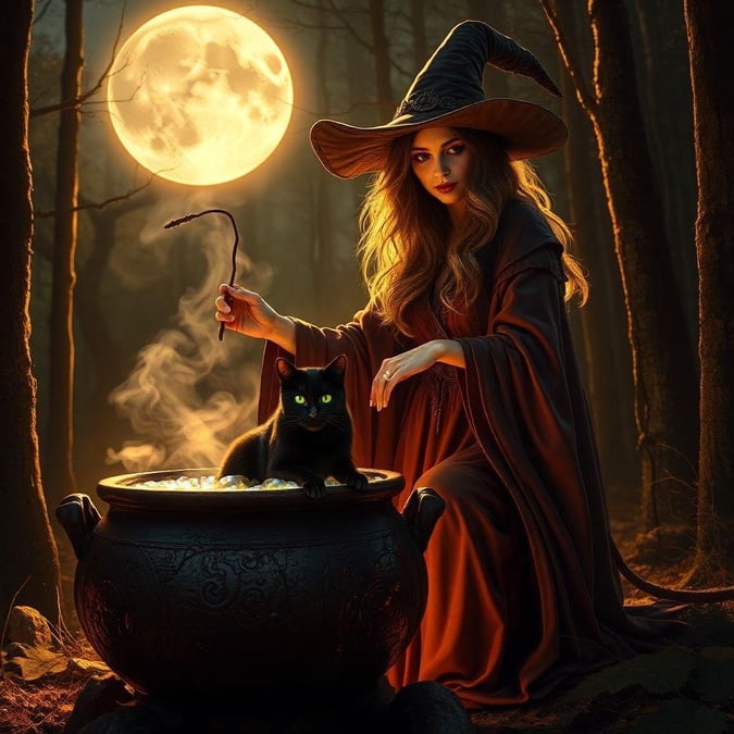 A whimsical witch prepares a potion under the full moon, casting a magical glow on her cauldron.