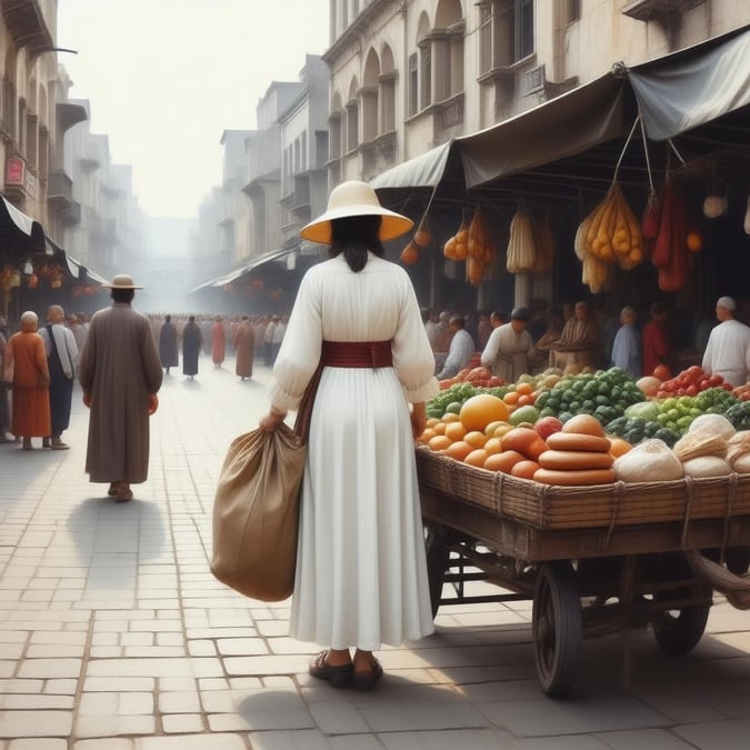 A colorful outdoor market buzzing with activity, featuring a woman in traditional attire and a variety of exotic goods.