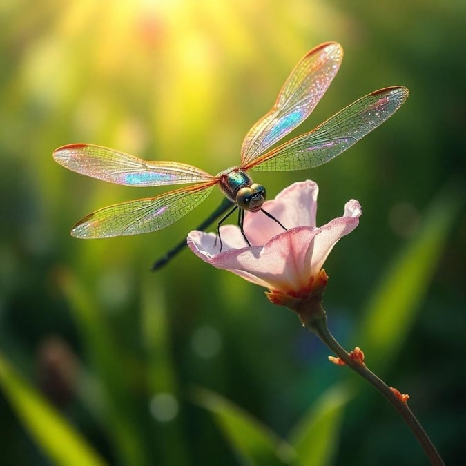 This dragonfly is perched elegantly atop a pink flower, showcasing the delicate balance of nature. The vibrant wings and intricate body details contrast beautifully with the flower's soft petals.