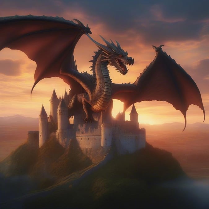 This digital artwork captures the majestic and mysterious ambiance of a castle perched atop a hill, bathed in the warm glow of the sunset. A dragon stands guard, adding a touch of fantasy to the scene.