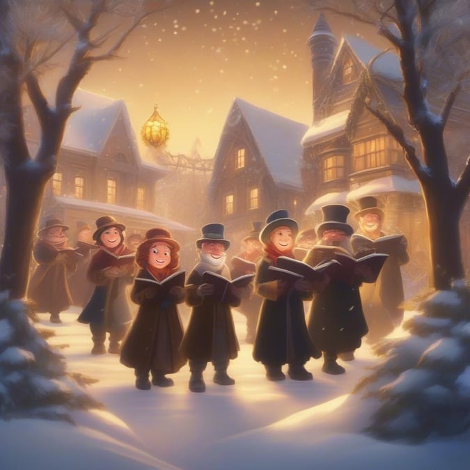 This festive winter wallpaper captures the magic of the season with a group of joyful carolers singing in the snow. The image features a group of people dressed in warm winter clothing, holding books and singing with smiles on their faces. The background is a snowy landscape with trees and buildings, creating a cozy and inviting atmosphere.