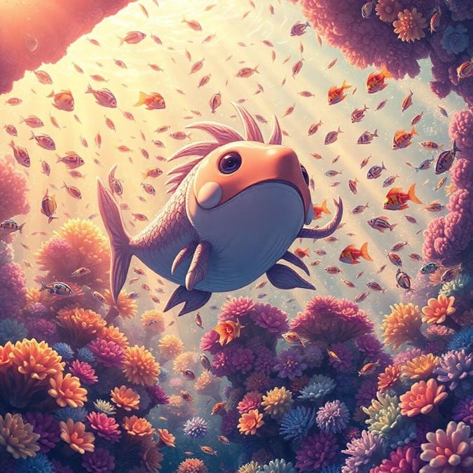 Mergulhe em um mundo de cores vibrantes e criaturas marinhas imaginativas com esta deslumbrante ilustração em estilo anime de um reino subaquático.