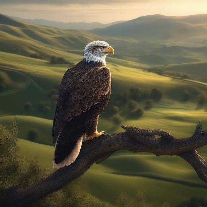 An eagle perched on a branch overlooking a serene valley, symbolizing freedom, power, and the beauty of nature.