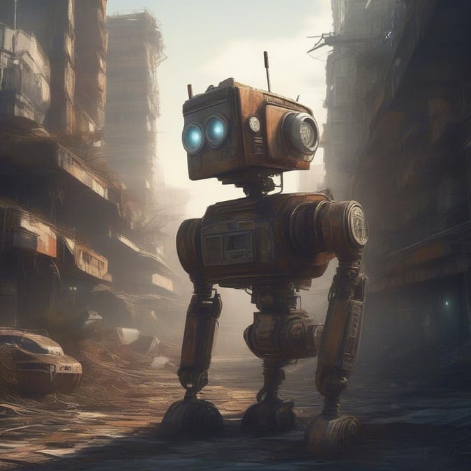 A futuristic robot navigates an abandoned city, with towering structures and a hazy sky.