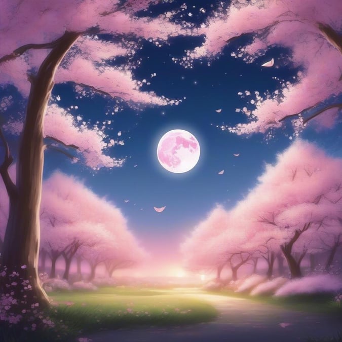 A tranquil anime-style illustration depicting a pathway through a vibrant cherry blossom grove under the gentle light of a crescent moon. The scene is serene and picturesque, evoking feelings of calm and appreciation for nature's beauty.