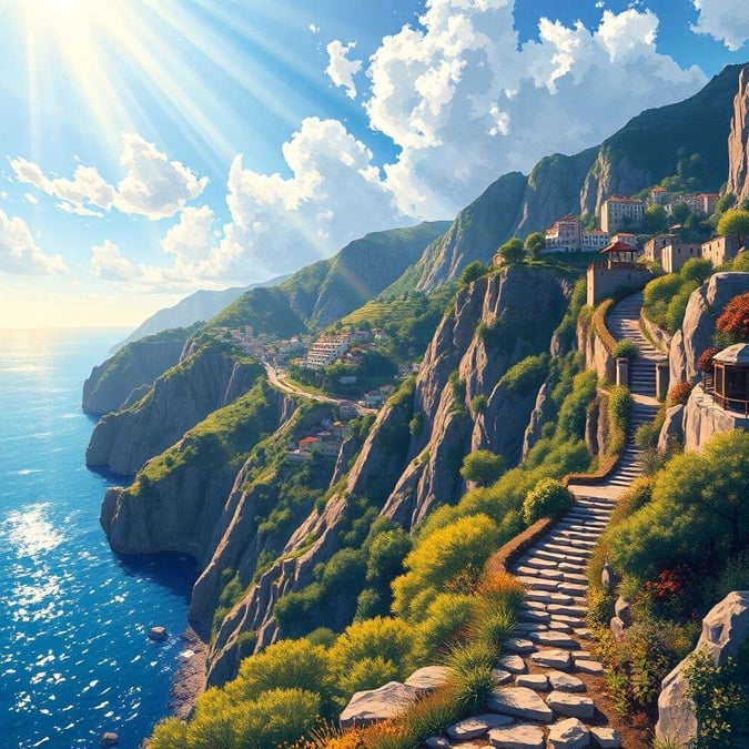 Escape to a world of tranquility with this breathtaking coastal scene. The winding staircase leads down to the water's edge, where the deep blue sea meets the sky. The sun shines down, casting a warm glow over the entire scene.