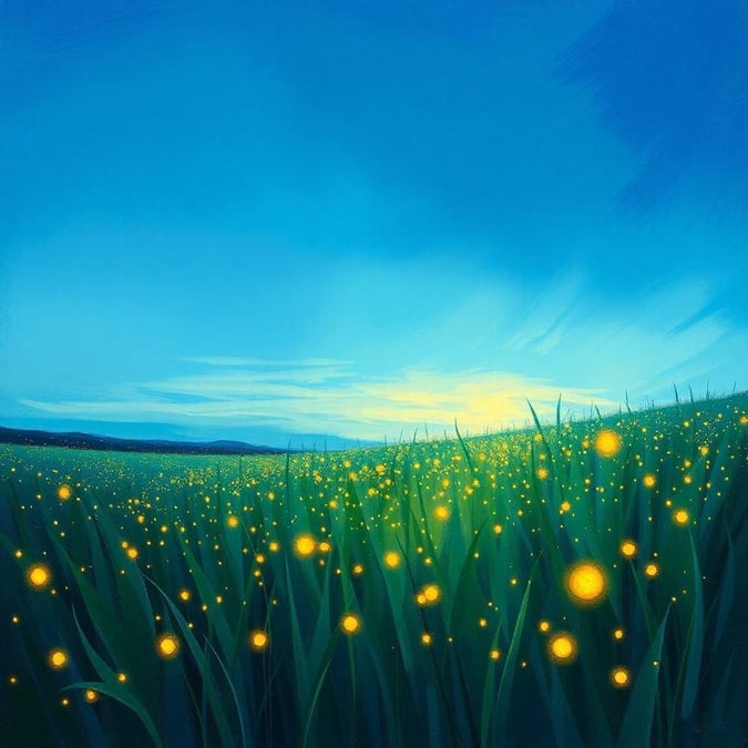 A beautiful and peaceful scene of fireflies in a grassy field, set against a blue sky with a few clouds.