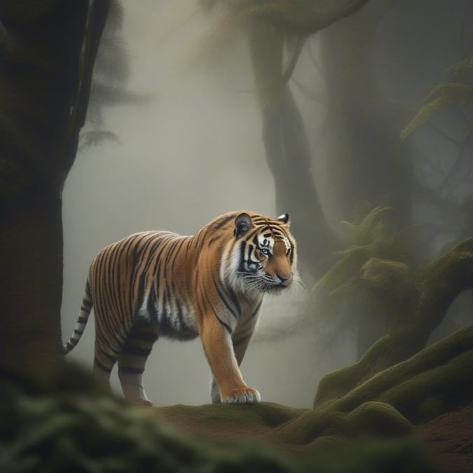 An intriguing scene of a majestic tiger navigating through a misty forest. The enchantment of nature captured in this image makes for an excellent desktop wallpaper.