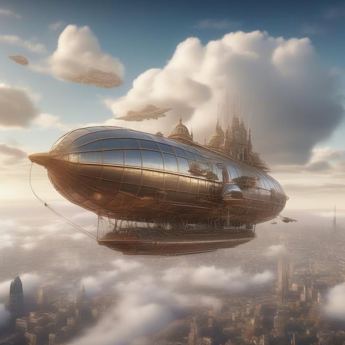 Experience the adventure of exploring the skies in this airship, a marvel of modern engineering. Witness a scene straight out of Jules Verne's visionary tales as you soar through the clouds.