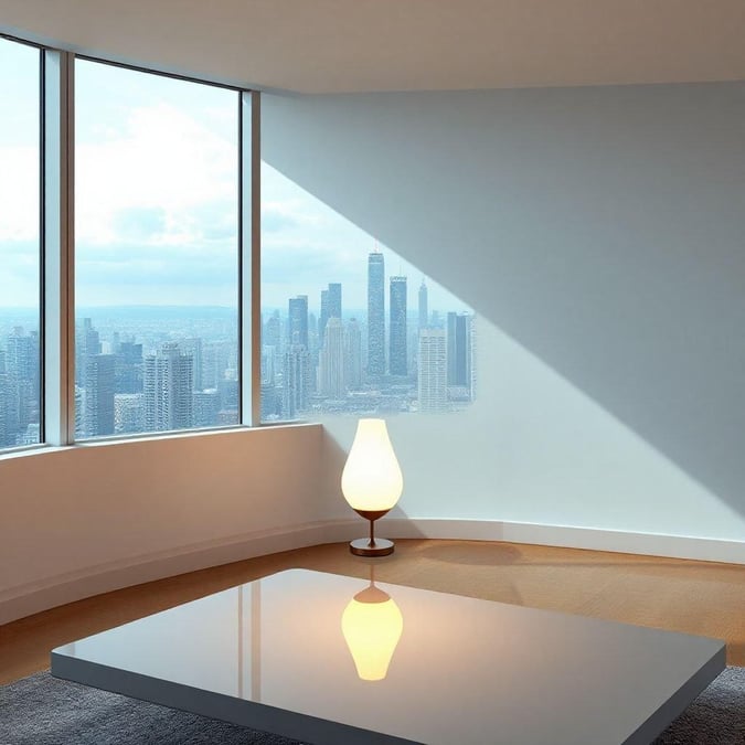 This image is a wallpaper for desktop and mobile use, featuring a modern living room with a stunning city view. The room is decorated with a sleek and stylish lamp and a large window that offers a breathtaking view of the city skyline. The overall atmosphere of the image is one of sophistication and elegance, making it perfect for those who appreciate modern design and urban living.