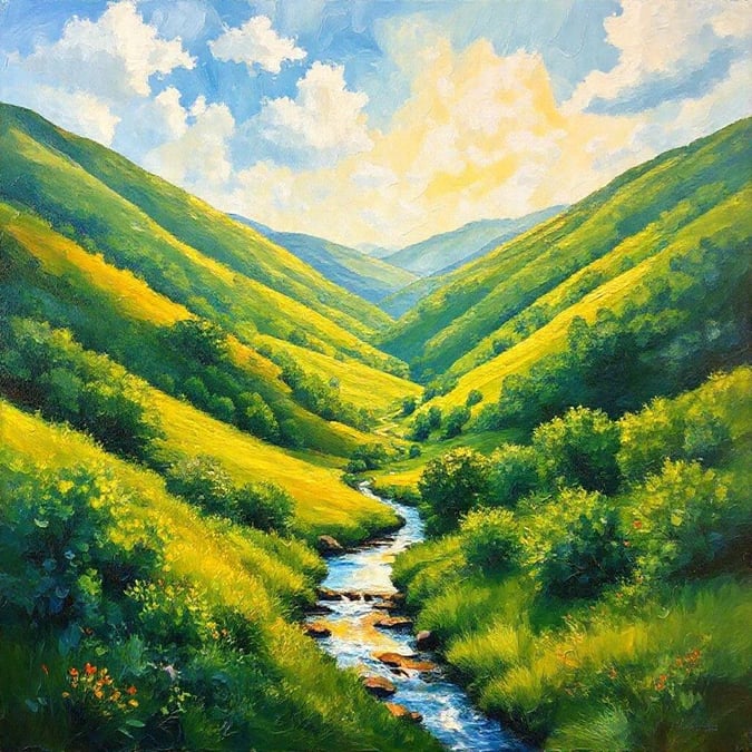 A tranquil landscape painting featuring a winding river valley nestled between verdant hills.