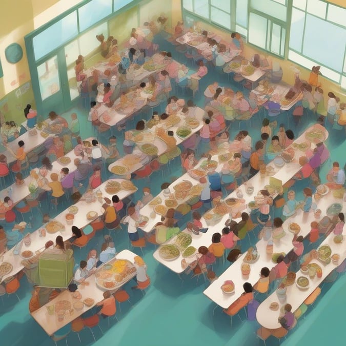 A bustling school cafeteria with children enjoying a meal together. The tables are filled with colorful food, ready for the next big adventure in learning.