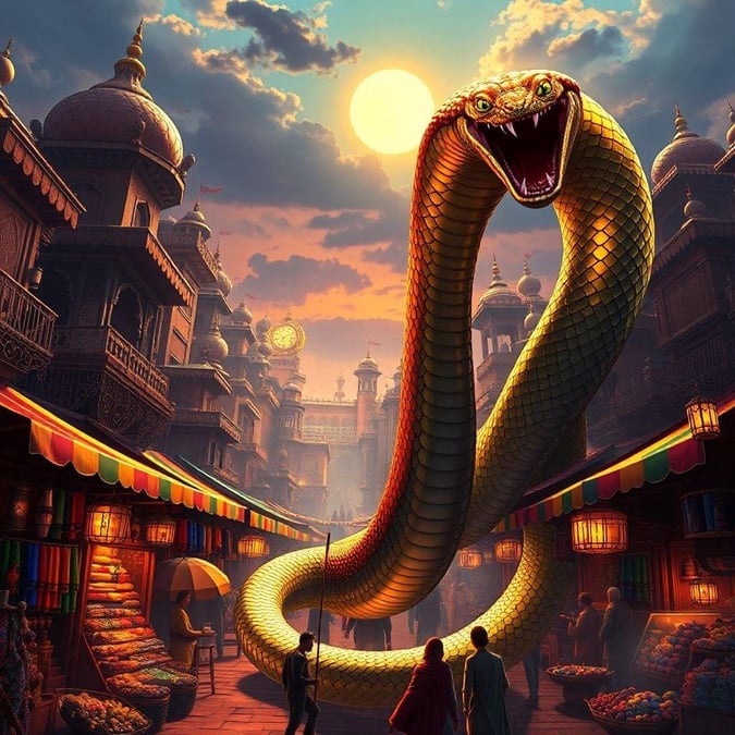 In this enchanting fantasy scene, a brave adventurer encounters a magnificent dragon in a lively bazaar. The colors are vibrant and the atmosphere is full of magic and wonder.