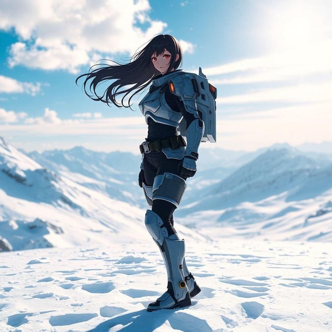 A powerful female anime character stands poised on a snowy mountain, her futuristic armor shining in the sunlight. She is equipped for battle and embodies a spirit of adventure.