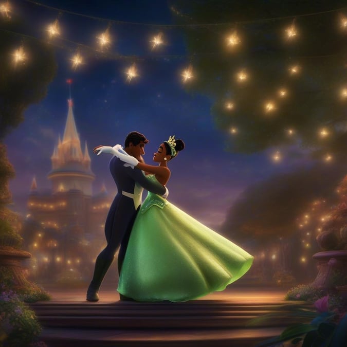 Male and female Disney characters dressed in their animated costumes, twirling together on a cobblestone path at night.