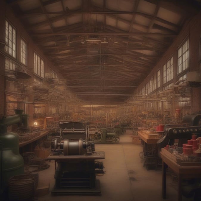 This industrial workshop becomes a Christmas haven with its warmly lit machinery. A cozy setting for holiday inspiration.