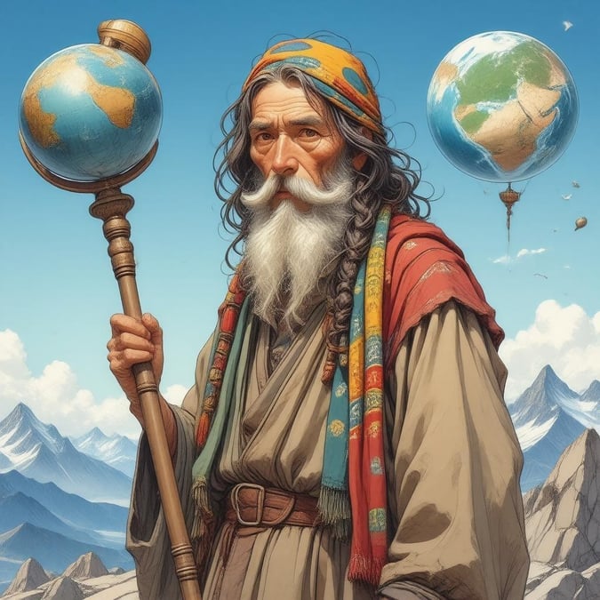 An older sage in vibrant attire stands atop a mountain, gazing into a world map, envisioning global harmony.