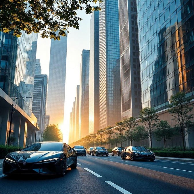 This dynamic urban scene captures the hustle and bustle of city life with high-rise buildings, sleek cars, and a warm sunset bathing everything in light. Perfect for desktop and mobile use.