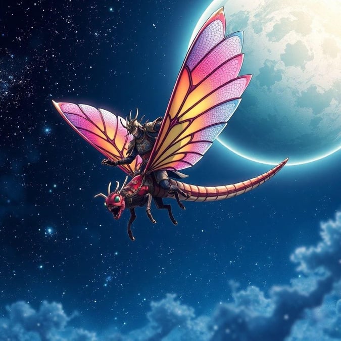 Get ready to soar into the world of anime with this stunning wallpaper featuring a samurai warrior riding a majestic dragonfly. The night sky is ablaze with stars, and a large planet looms in the background, creating a breathtaking scene that's sure to transport you to a realm of fantasy and adventure.