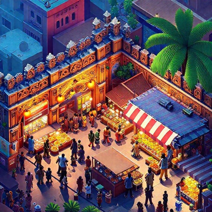 A vibrant city scene with people shopping at an outdoor market. Colorful stalls, lively atmosphere, and a hint of exotic spices.